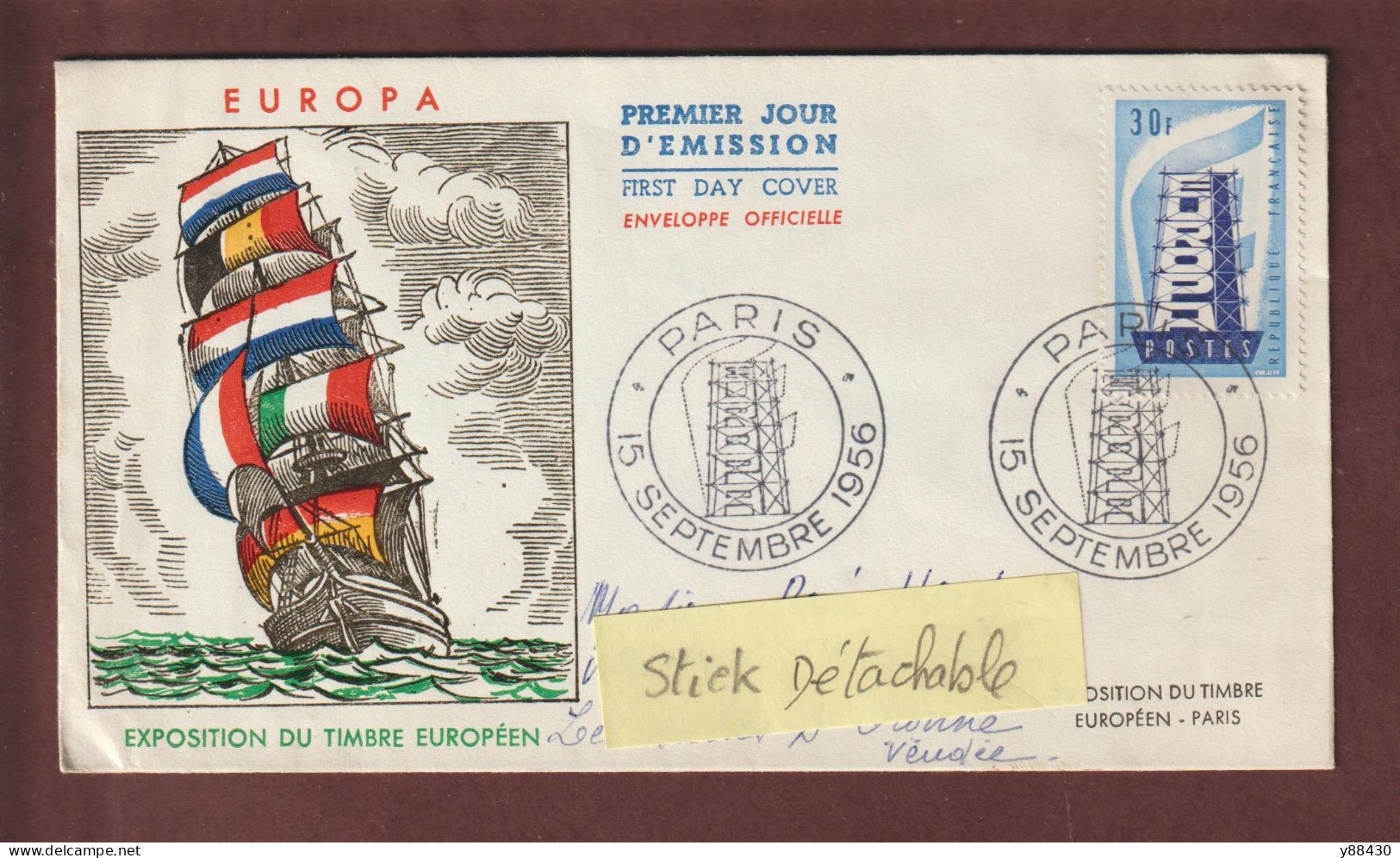 1077 De 1956 - Enveloppe 1er Jour à PARIS Le 15/09/1956 - EUROPA  - PREMIER TIMBRE EUROPÉEN - 2 Scan - 1950-1959