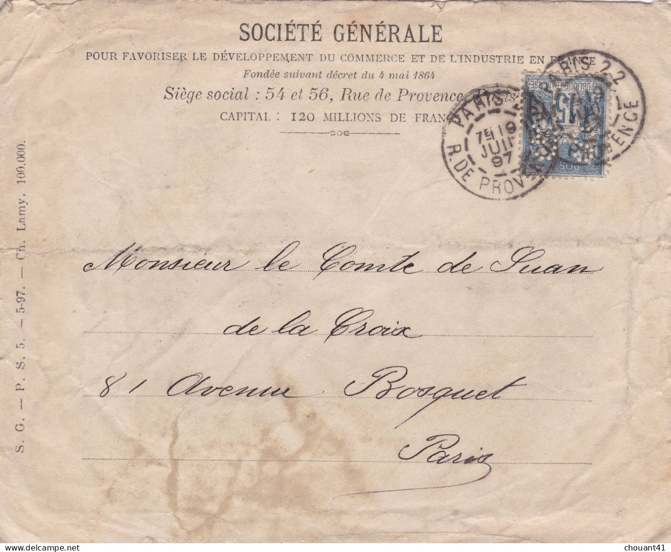 Yvert 101 Perforé SG LSC De Paris Pour Paris - 1877-1920: Semi-moderne Periode