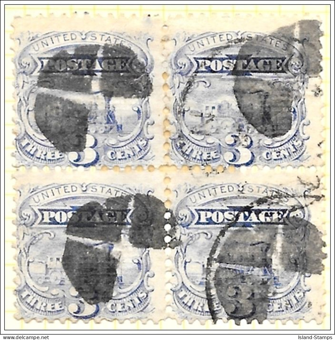 USA 1869 3 Cent Blue Block Of 4 Used - Gebraucht