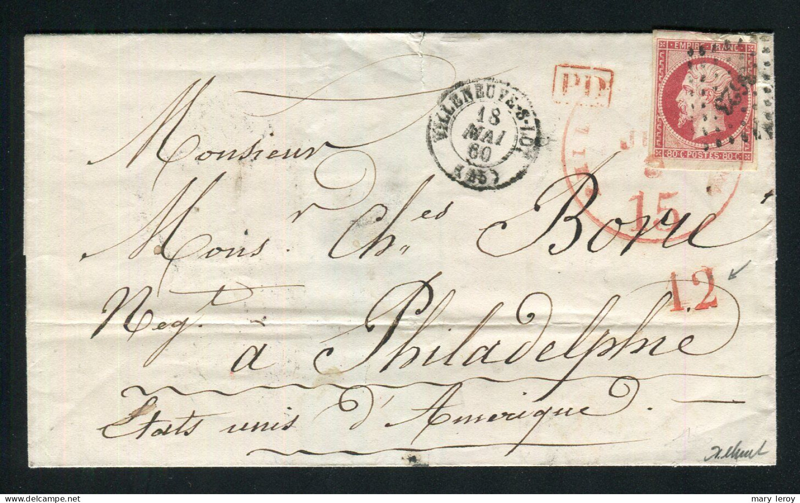 Superbe Lettre De Villeneuve Sur Lot Pour Philadelphie ( Etats-Unis 1860 ) Avec Un N° 17A - 1849-1876: Periodo Clásico