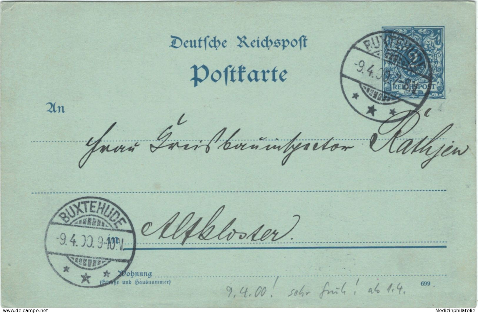 Ganzsache 2 Pfennig Reichspost - Engelken Buxtehude 9.4.1900 > Rathjen Altkloster - Frühe Verwendung - Postkarten