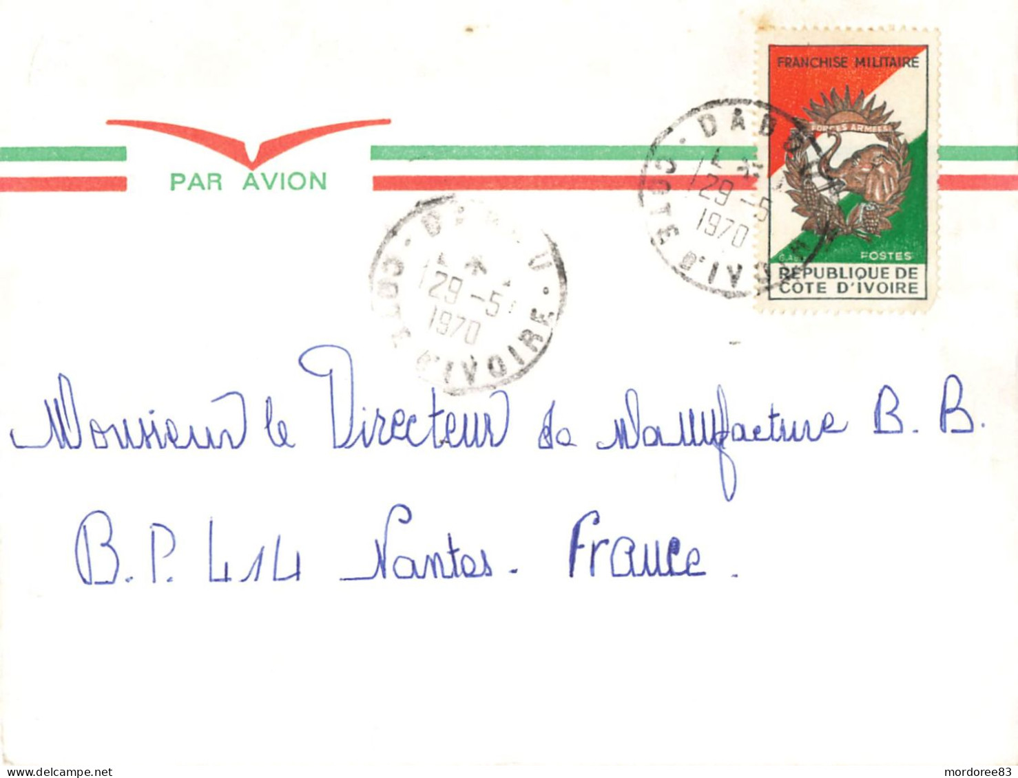 LETTRE AVION DABOU 29/5/1970 TIMBRE DE FRANCHISE POUR FRANCE NANTES - Côte D'Ivoire (1960-...)