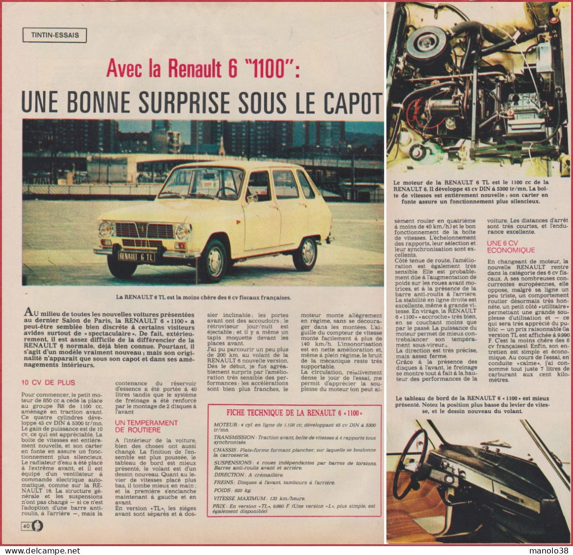 Renault 6 TL 1100 Cc. Essais Automobile. Une Bonne Surprise Sous Le Capot. Reportage De 1970. - Historical Documents