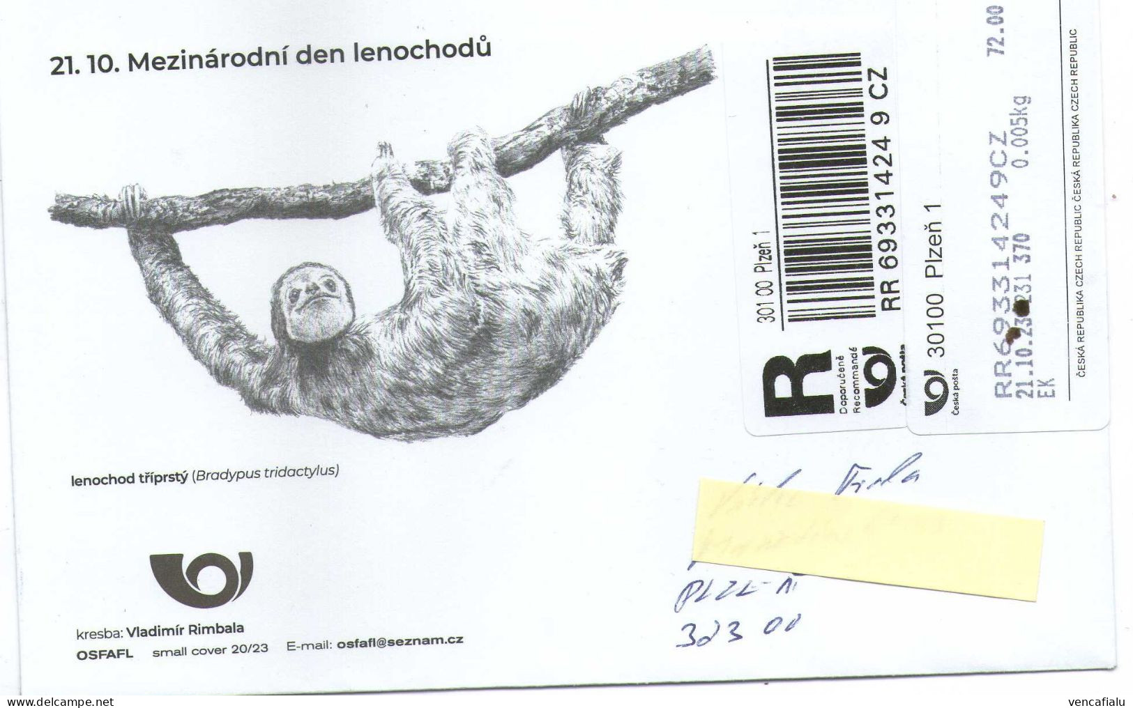 Czech Republic 2023 -  Sloth Wold  Day,  Special Cover, Apost, Postage Rgistred - Andere & Zonder Classificatie