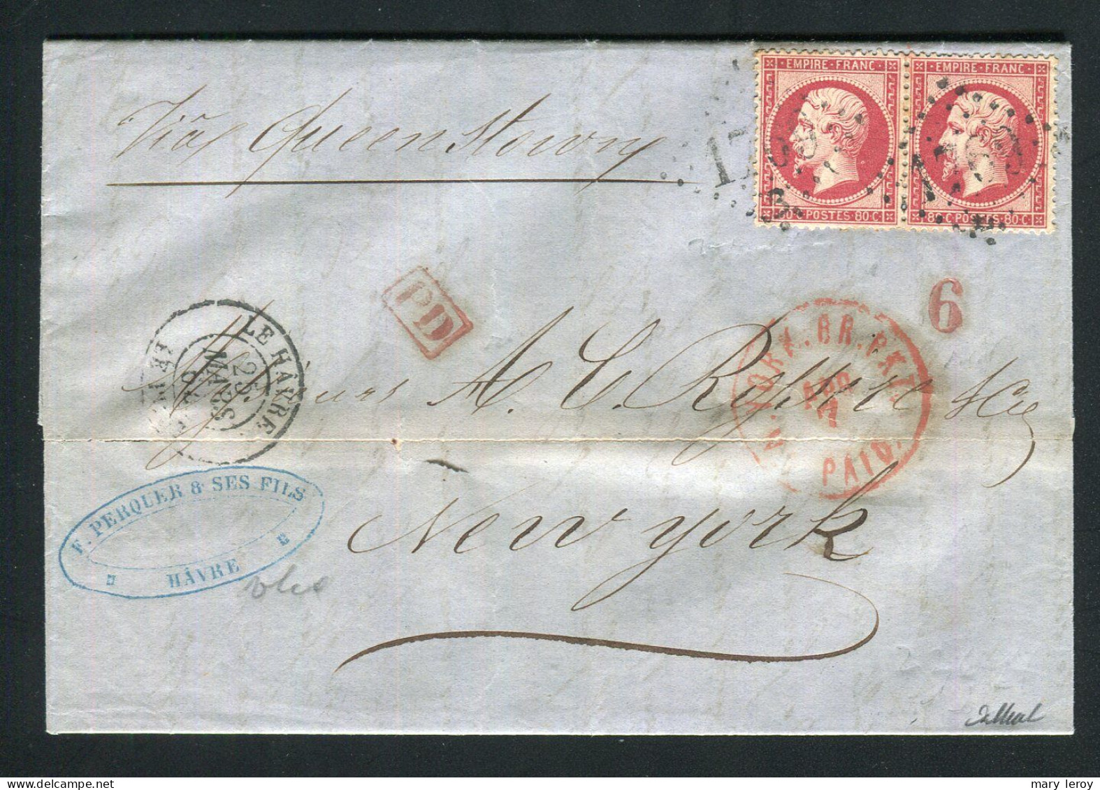 Superbe Lettre Du Havre Pour New York ( Etats-Unis 1864 ) Avec Une Paire De N° 24 - 1849-1876: Periodo Clásico