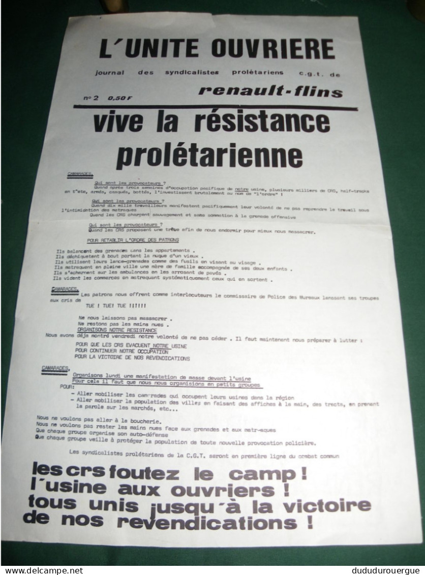 PROPAGANDE  1968 : L UNITE OUVRIERE , JOURNAL SYNDICALISTE PROLETARIEN REDIGE PAR DES MILITANTS CGT DE RENAULT - FLINS - Politik