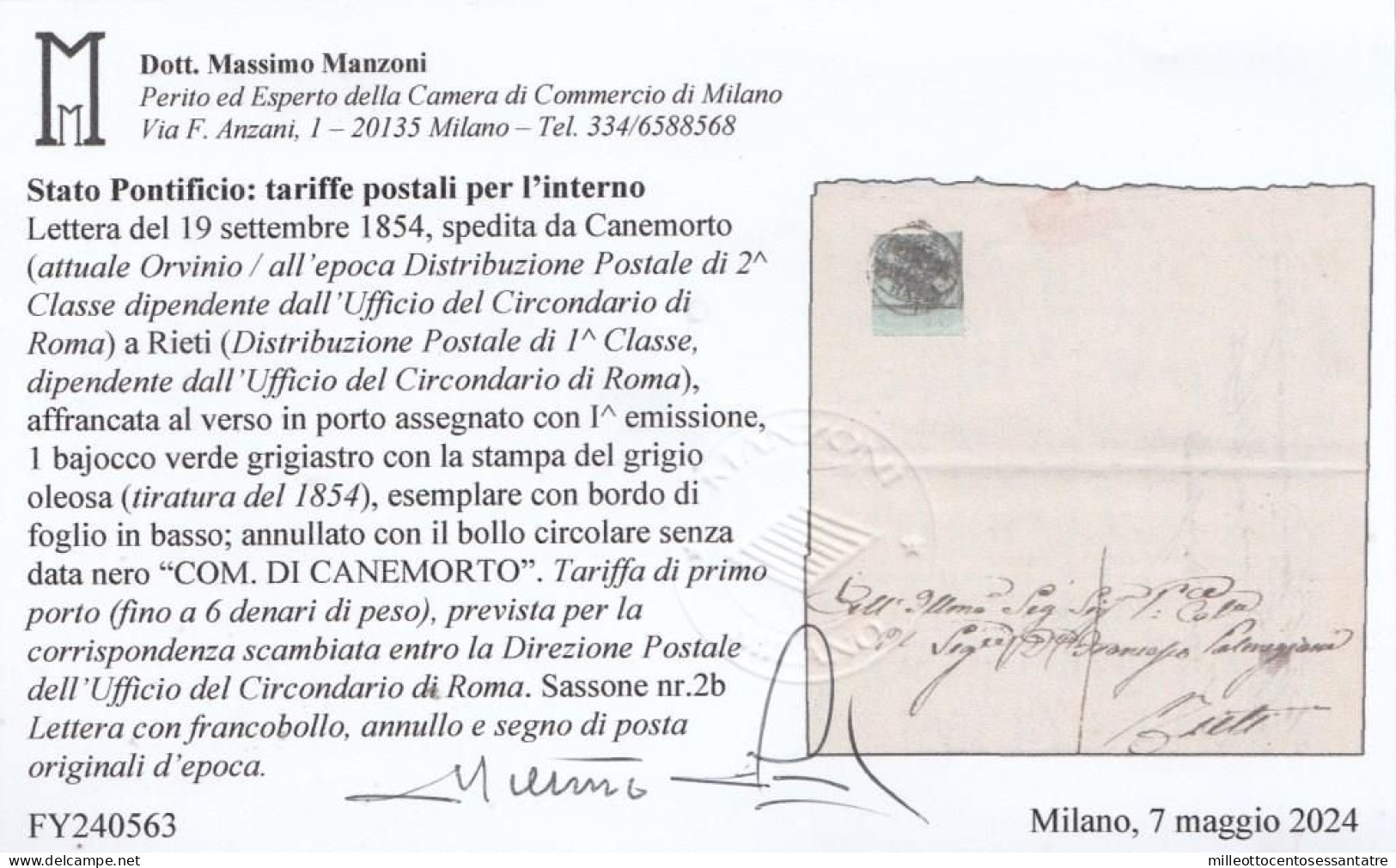 2459 - PONTIFICIO - Lettera Con Testo Del 19 Settembre 1854 Da Canemorto A Rieti Con 1 Baj Verde Grigiastro Oleoso - Etats Pontificaux