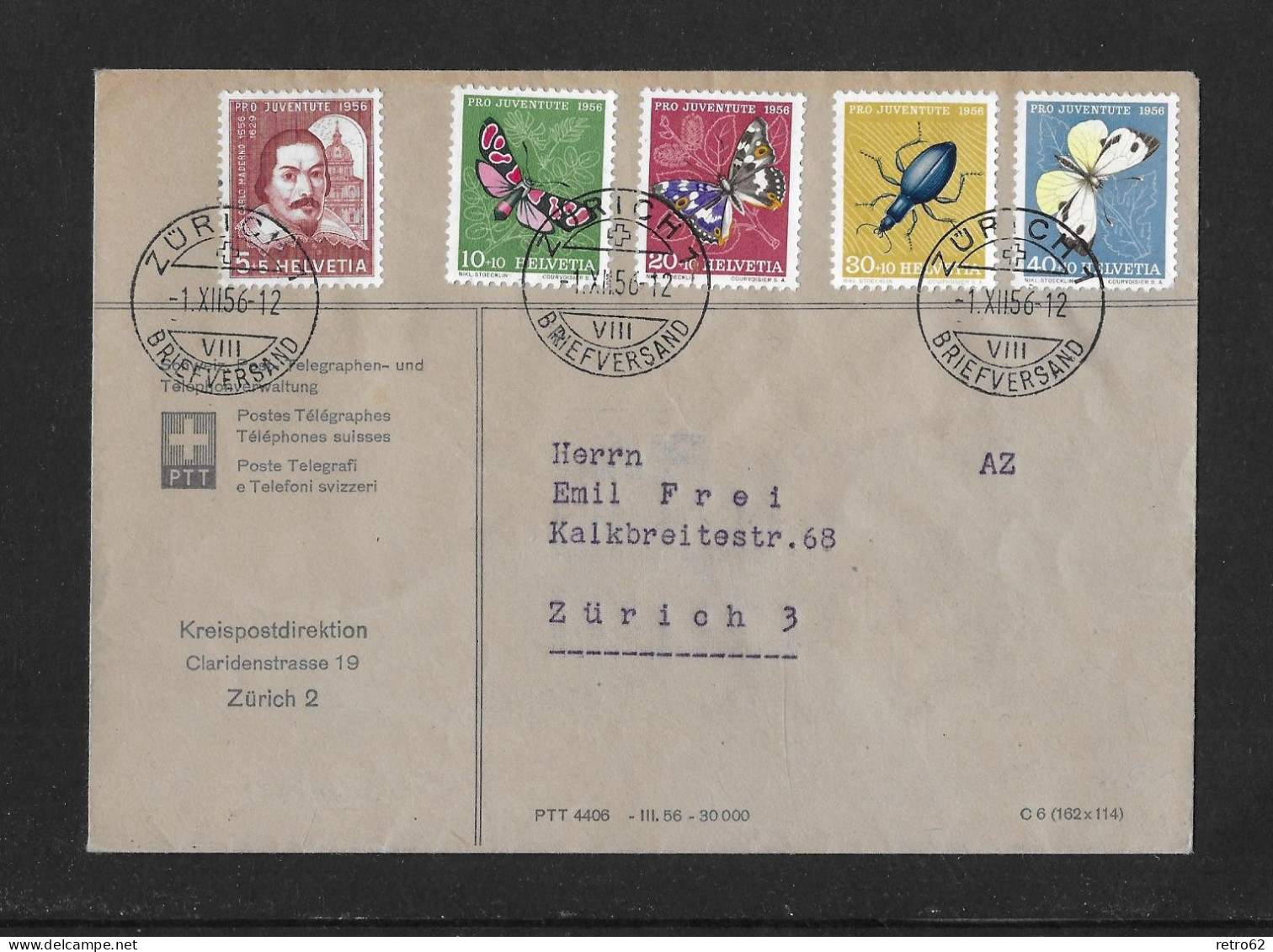 1956 BILDNIS CARLO MADERNOS UND INSEKTENBILDER ► Schöner FDC-Satzbrief Kreispostdirektion Zürich - Brieven En Documenten