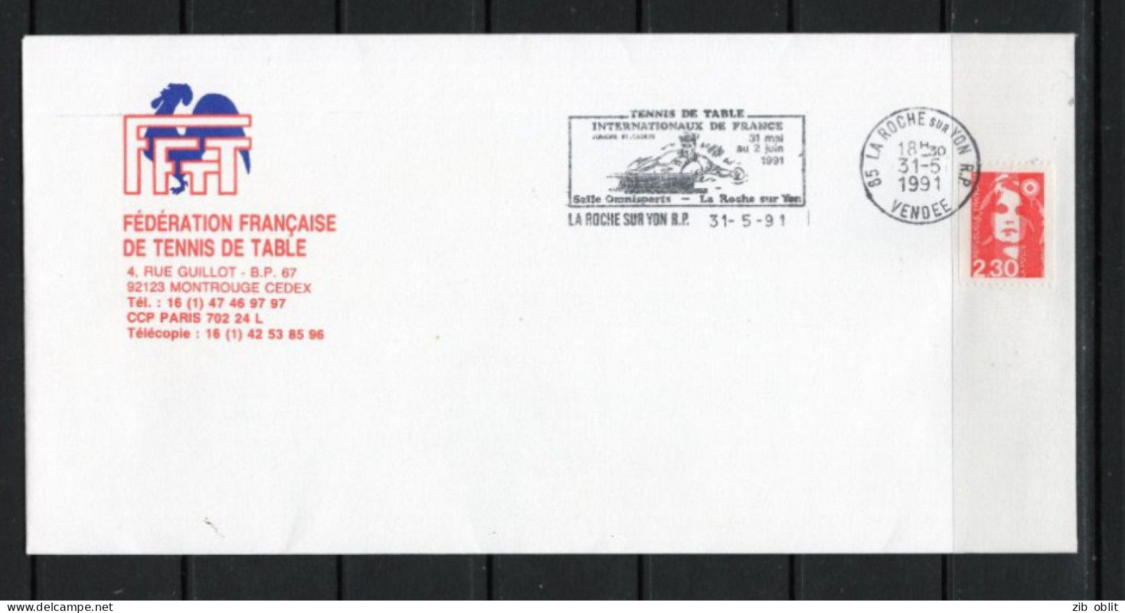 (ALM)  FRANCE VENDEE 85 LETTRE FLAMME FFTT ROCHE SUR YON TISCHTENIS TAVOLO MESA INTERNATIONAUX DE FRANCE - Mechanical Postmarks (Advertisement)