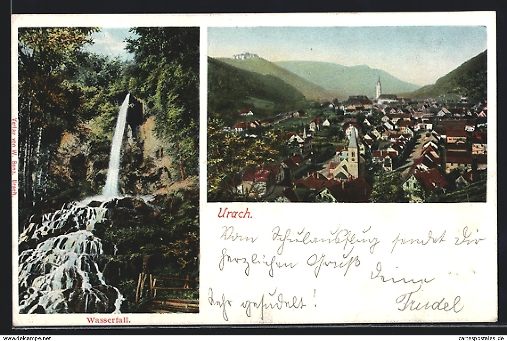 AK Urach, Ortsansicht Von Oben Und Wasserfall  - Bad Urach