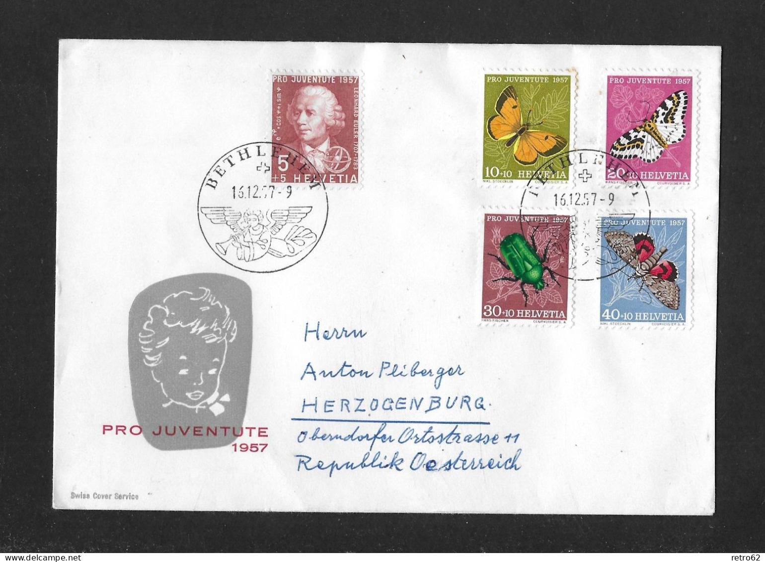 1957 BILDNIS LEONHARD EULERS UND INSEKTENBILDER ► Schöner Satzbrief Mit FDC-Illustration P3 Und Vignette Locarno-Monti - Storia Postale