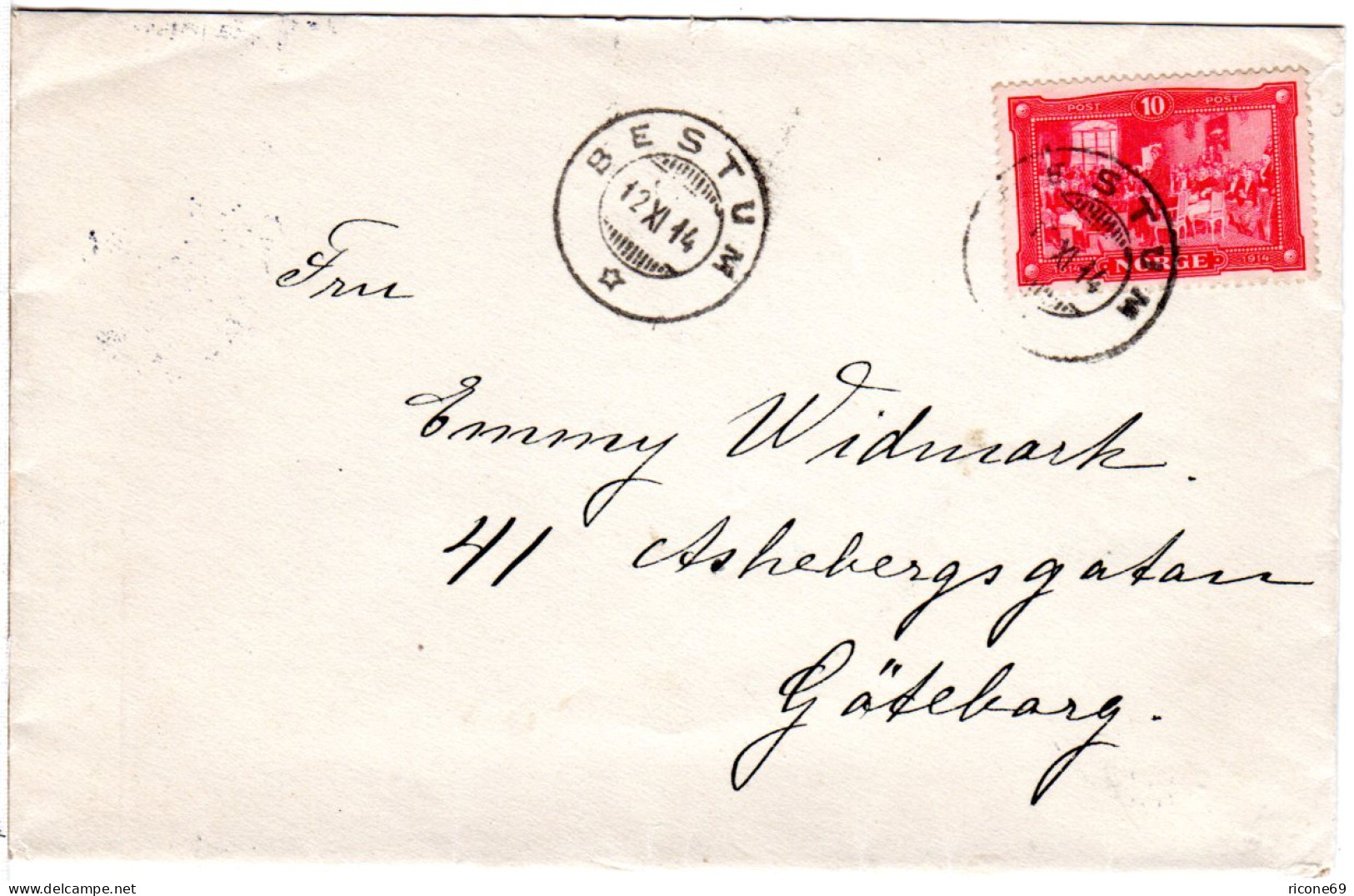 Norwegen 1914, EF 10 öre Jubiläum Auf Auslands Brief V. Bestun N. Schweden - Storia Postale