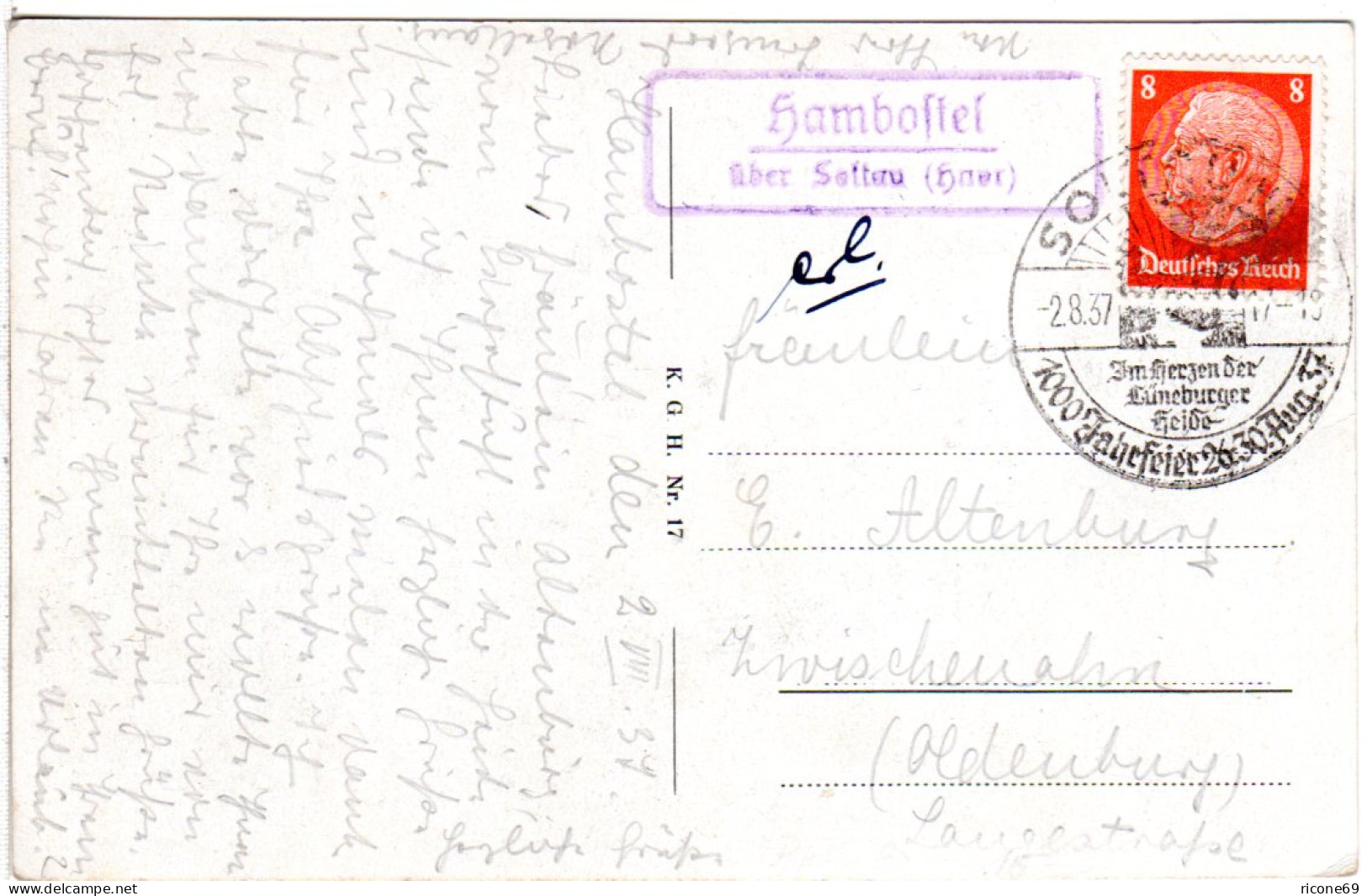 DR 1937, Landpost Stpl. HAMBOSTEL über Soltau Auf Karte M. 8 Pf. - Storia Postale