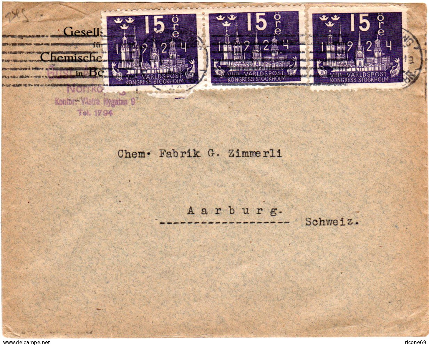 Schweden 1924, MeF 3x15 öre UPU Kongress Auf Portorichtigem Brief I.d. Schweiz - Cartas & Documentos