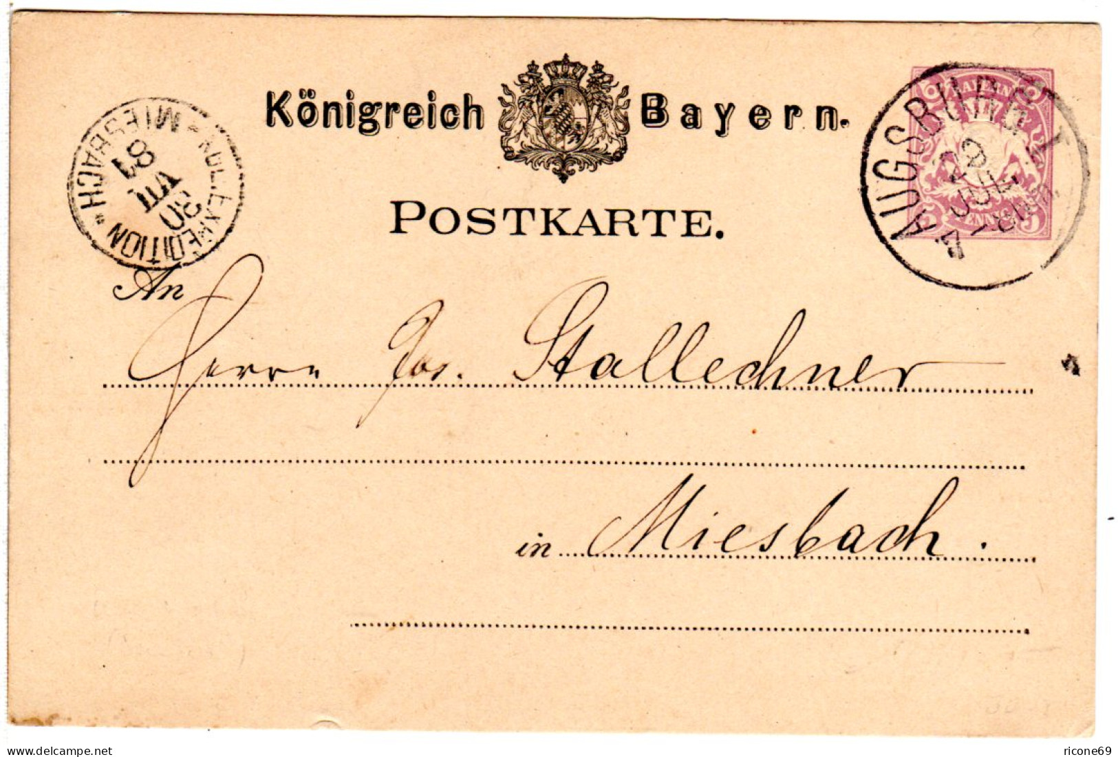 Bayern 1881, K.G.E. EXPEDITION MIESBACH Auf 5 Pf. Ganzsache V. Augsburg - Brieven En Documenten