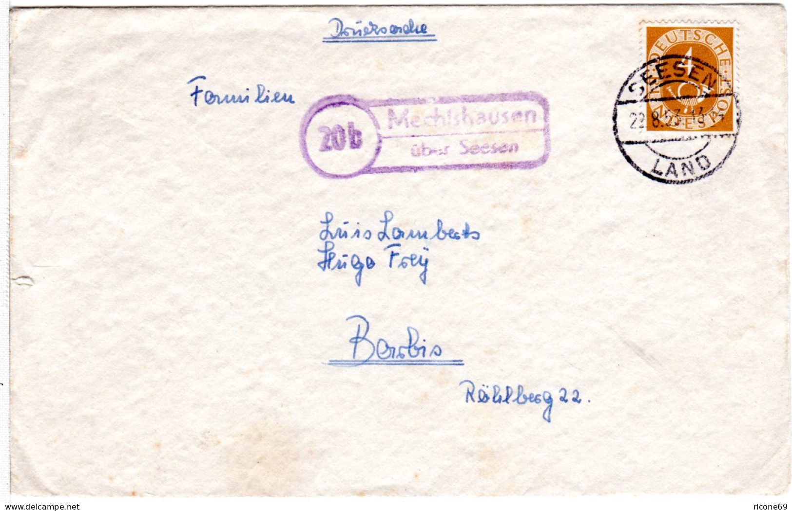 DR 1953, Landpoststempel 20b MECHTSHAUSEN über Seesen Auf Brief M. 4 Pf. - Brieven En Documenten