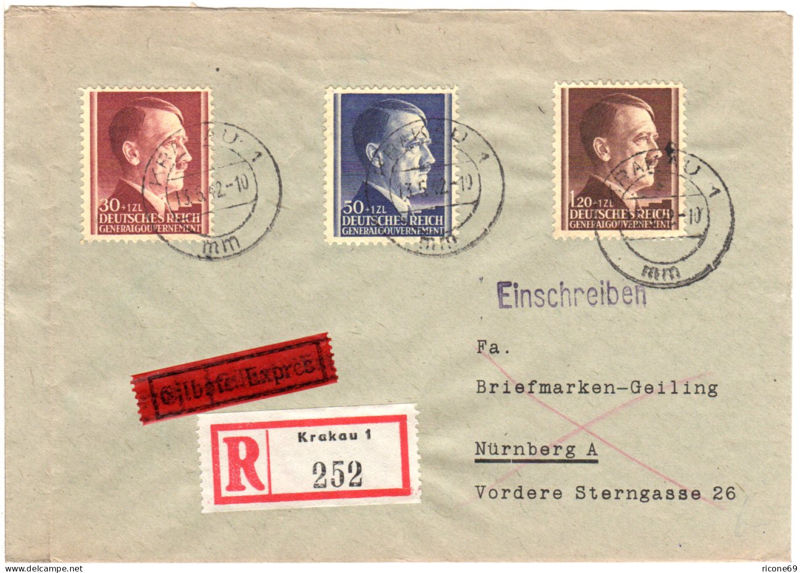 Generalgouvernement 1942, 3 Marken Hitler Auf Reko Express Brief V. Krakau - Bezetting 1938-45