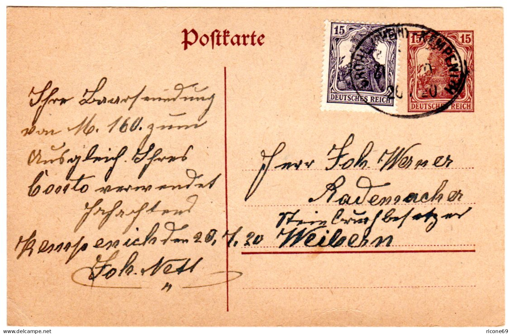 DR 1920, 15 Pf. Auf 15 Pf. Ganzsache M. Bahnpost Brohl (Rhein) - Kempenich - Briefe U. Dokumente