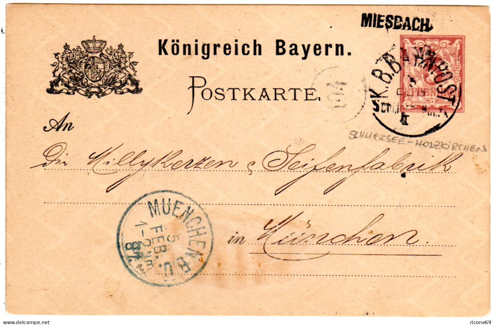 Bayern 1887, L1-Stationsstempel MIESBACH Auf 5 Pf. Ganzsache M. Bahnpost Stpl. - Lettres & Documents