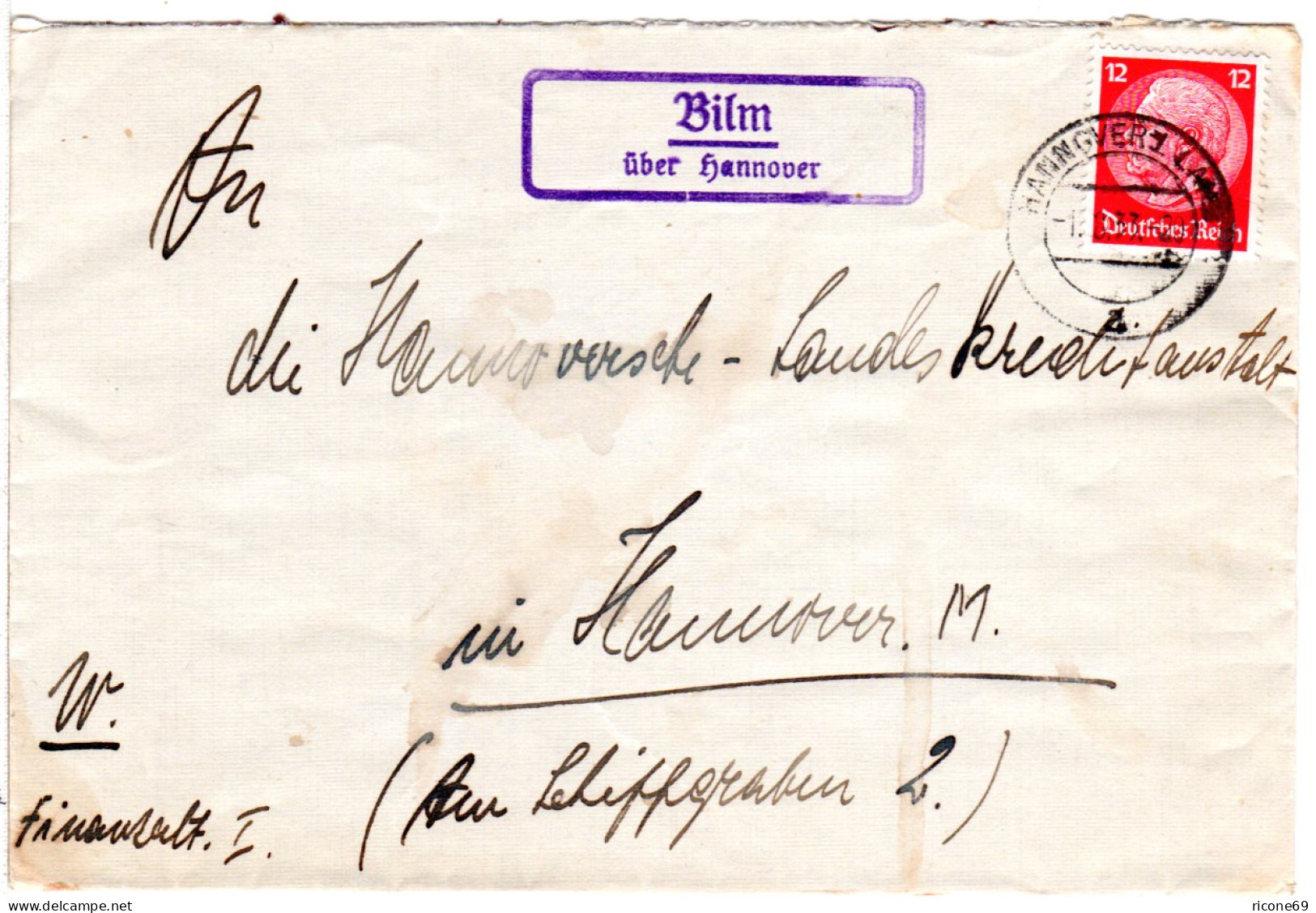 DR 1933, Landpost Stpl. BILM über Hannover Auf Brief M. 12 Pf.  - Lettres & Documents