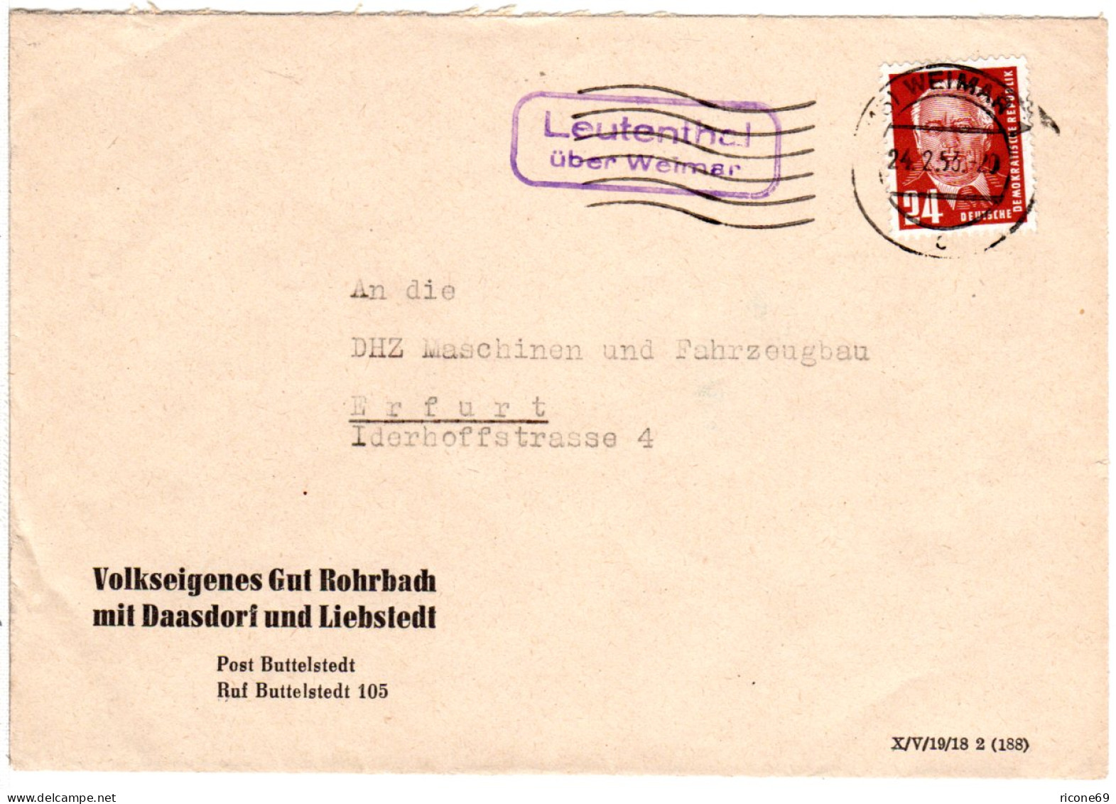 DDR 1953, Landpost Stpl. LAUTENTHAL über Weimar Auf VEB Brief M. 24 Pf. - Lettres & Documents