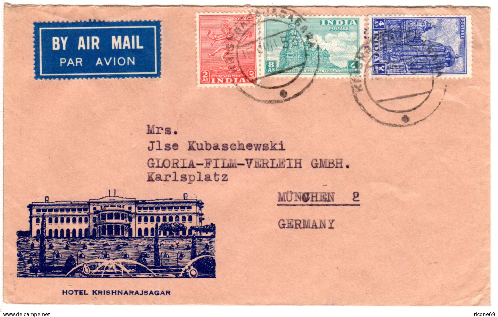 Indien 1953, 3 Marken Auf Illustriertem Umschlag Hotel Krishnarajsagar   - Otros & Sin Clasificación