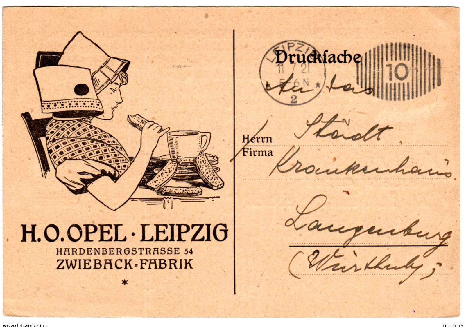 DR 1921, Illustrierte Zwieback Drucksache Firmenkarte M. Freistpl. V. Leipzig - Brieven En Documenten