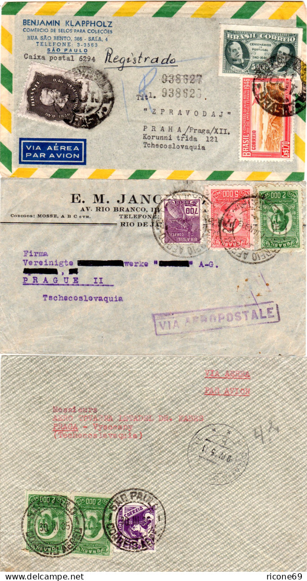 Brasilien, 3 Luftpost Briefe I.d. Tschechoslowakei, 1mal Per Einschreiben. - Covers & Documents