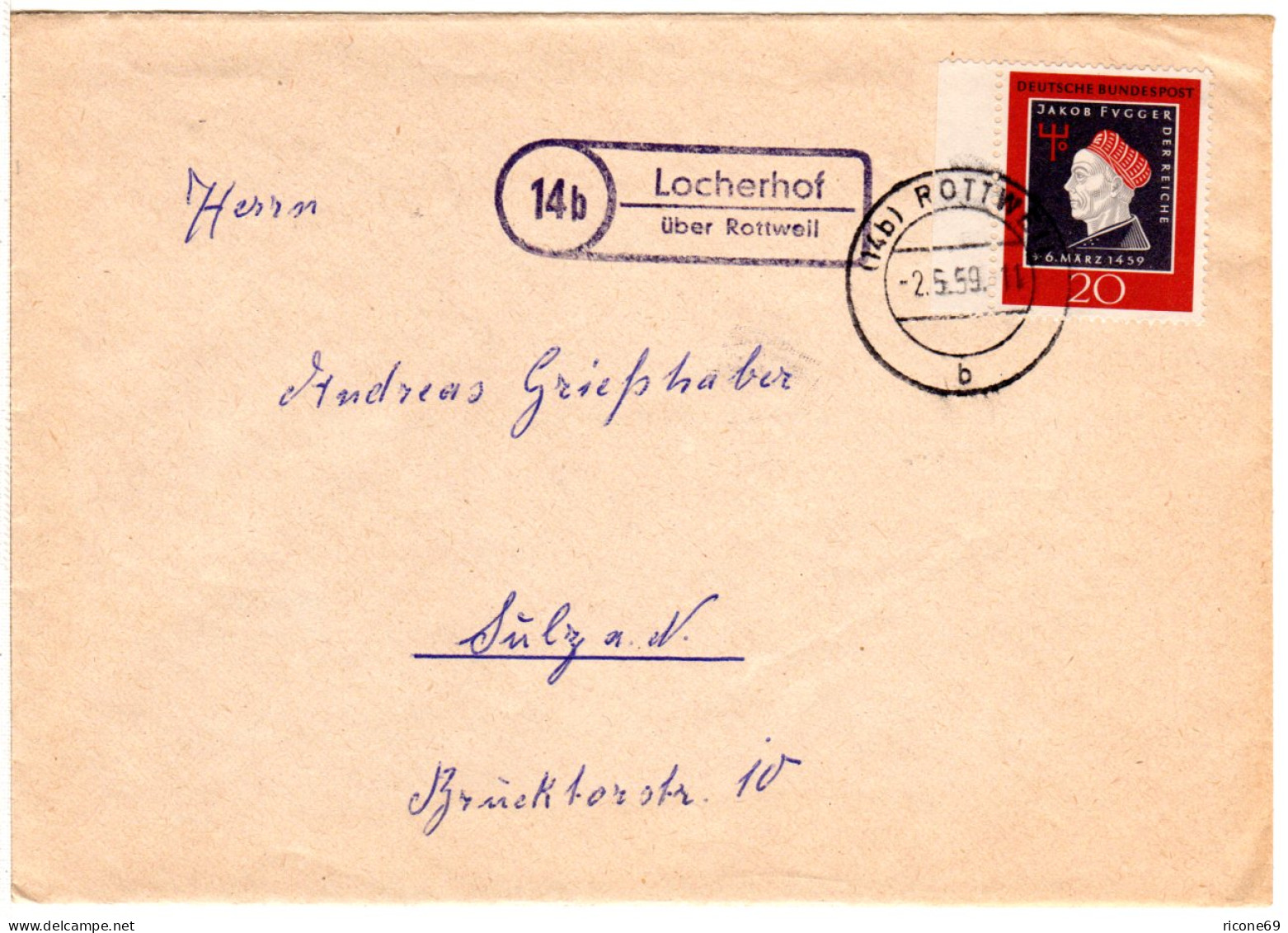 BRD 1959, Landpost Stpl. 14b LOCHERHOF über Rottweil Auf Brief M. 20 Pf. - Covers & Documents