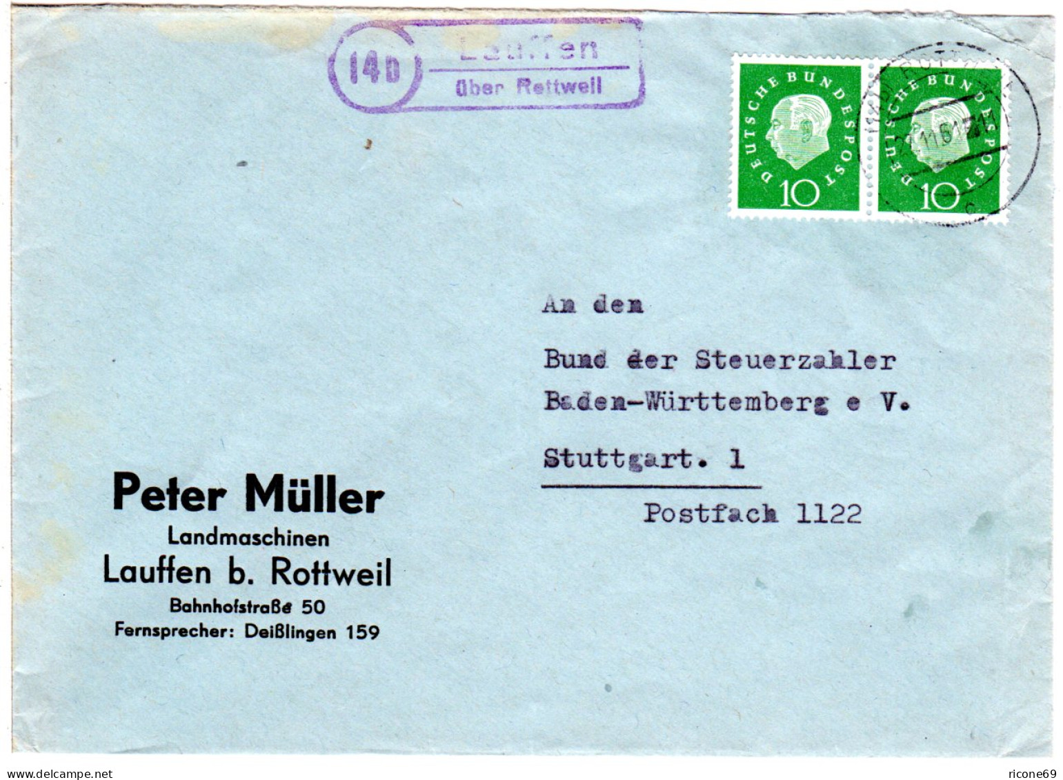 BRD 1961, Landpost Stpl. 14b LAUFFEN über Rottweil Auf Brief M. Paar 10 Pf. - Cartas & Documentos