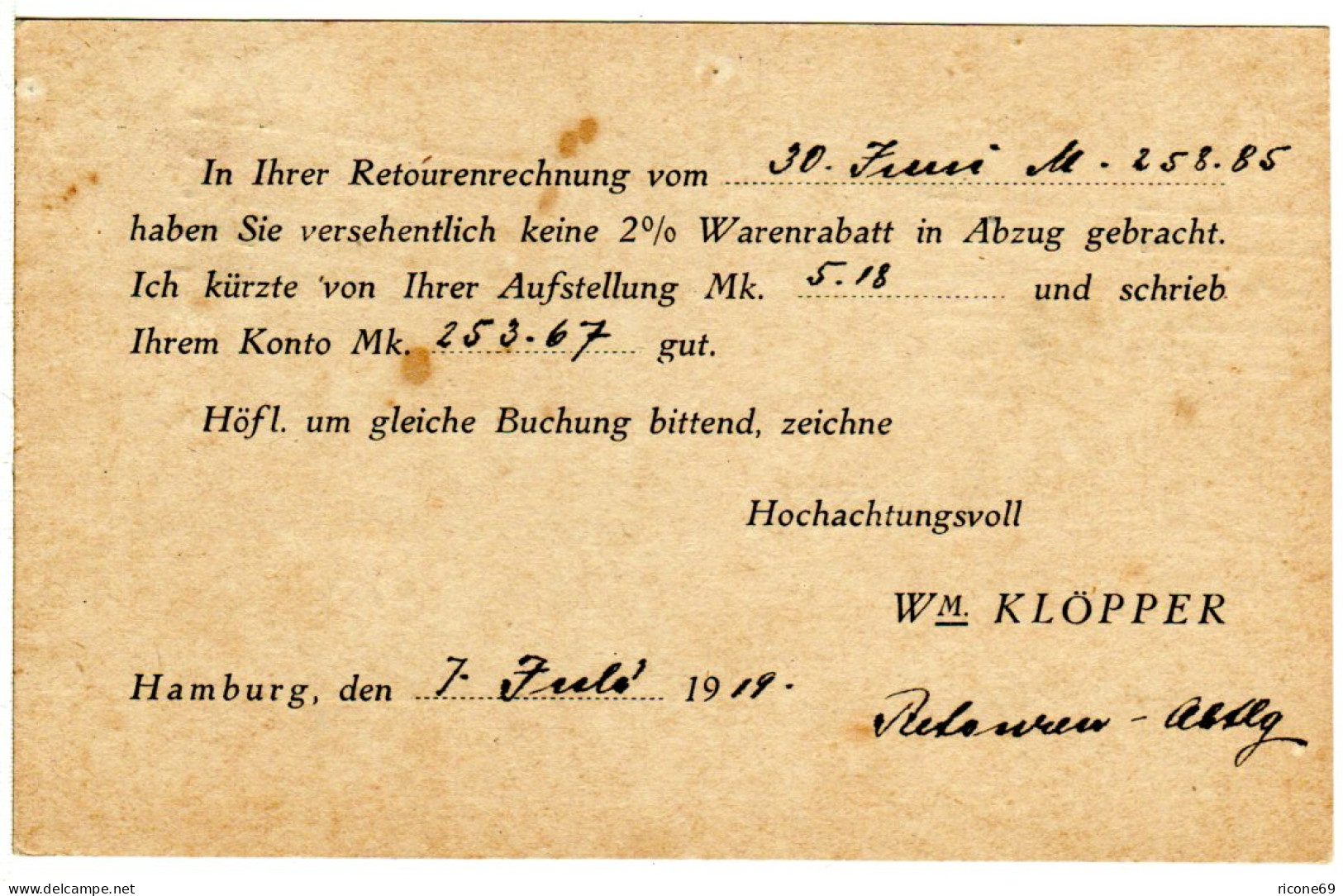 DR 1919, 10 Pf. Germania M. Perfin W.K. Auf Firmenkarte V. Hamburg - Briefe U. Dokumente