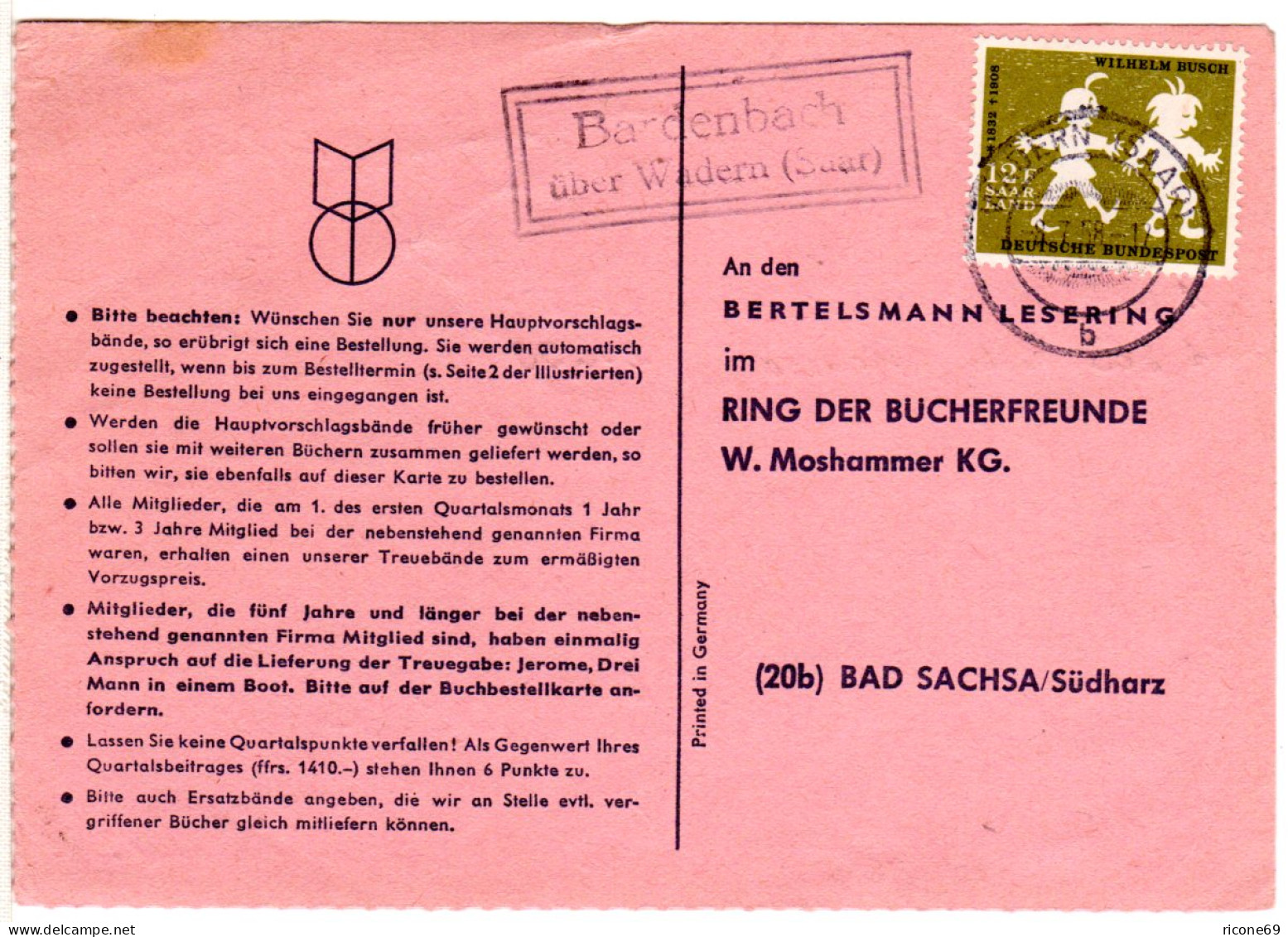 Saarland 1958, Landpost Stpl. BARDENBACH über Wadern Auf Karte M. 12 F.  - Cartas & Documentos
