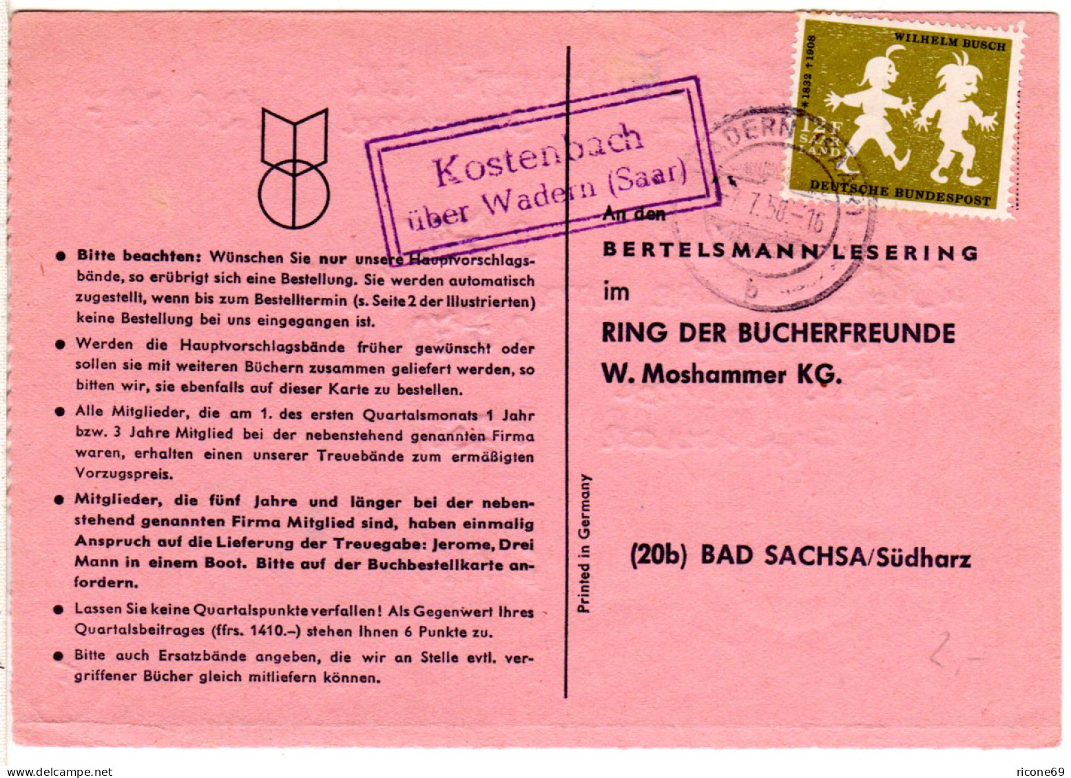 Saarland 1958, Landpost Stpl. KOSTENBACH über Wadern Auf Karte M. 12 F.  - Lettres & Documents