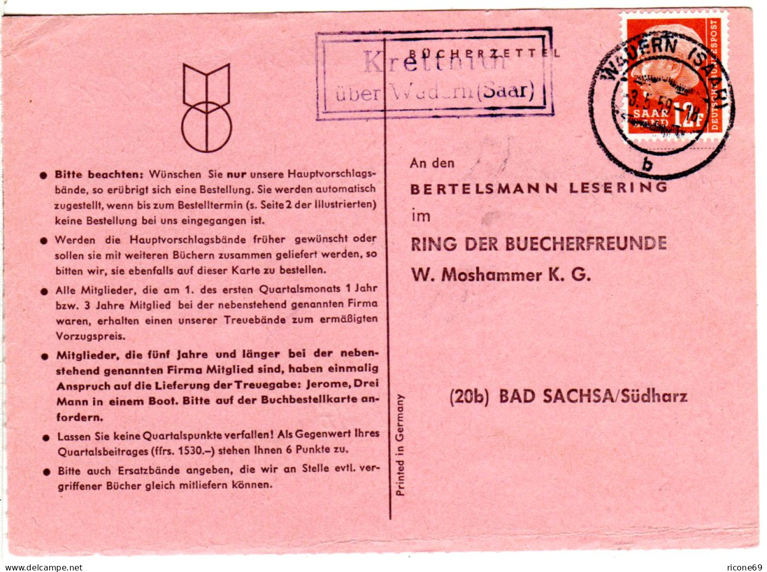 Saarland 1959, Landpost Stpl. KRETTNICH über Wabern Auf Karte M. 12 F. Heuss - Brieven En Documenten