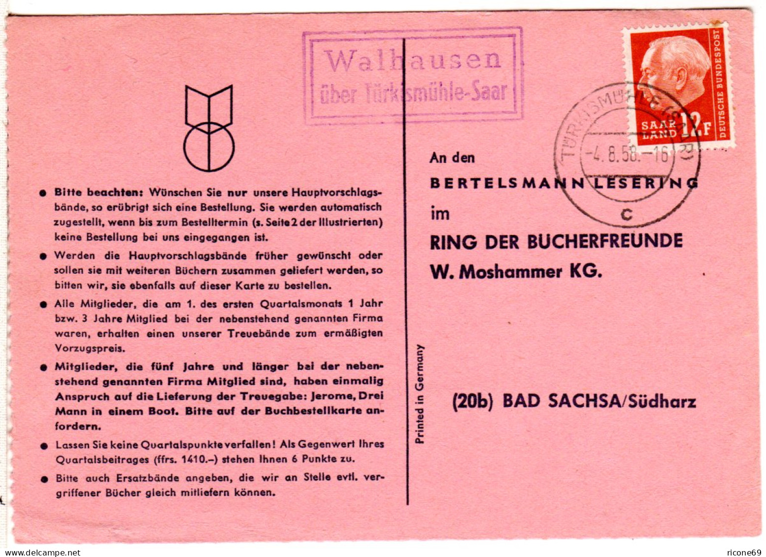 Saarland 1958, Landpost Stpl. WALHAUSEN über Türkismühle Auf Karte M. 12 F.  - Covers & Documents