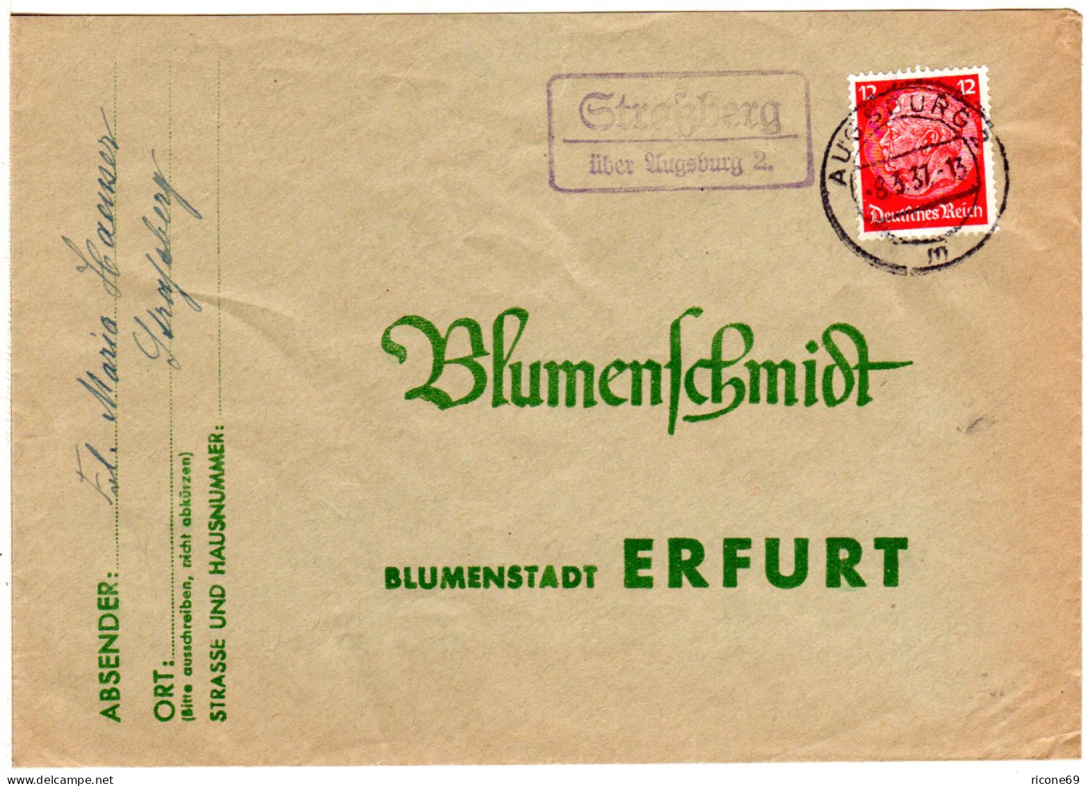 DR 1937, Landpost Stpl. STRASSBERG über Augsburg 2 Auf Brief M. 12 Pfg. - Briefe U. Dokumente