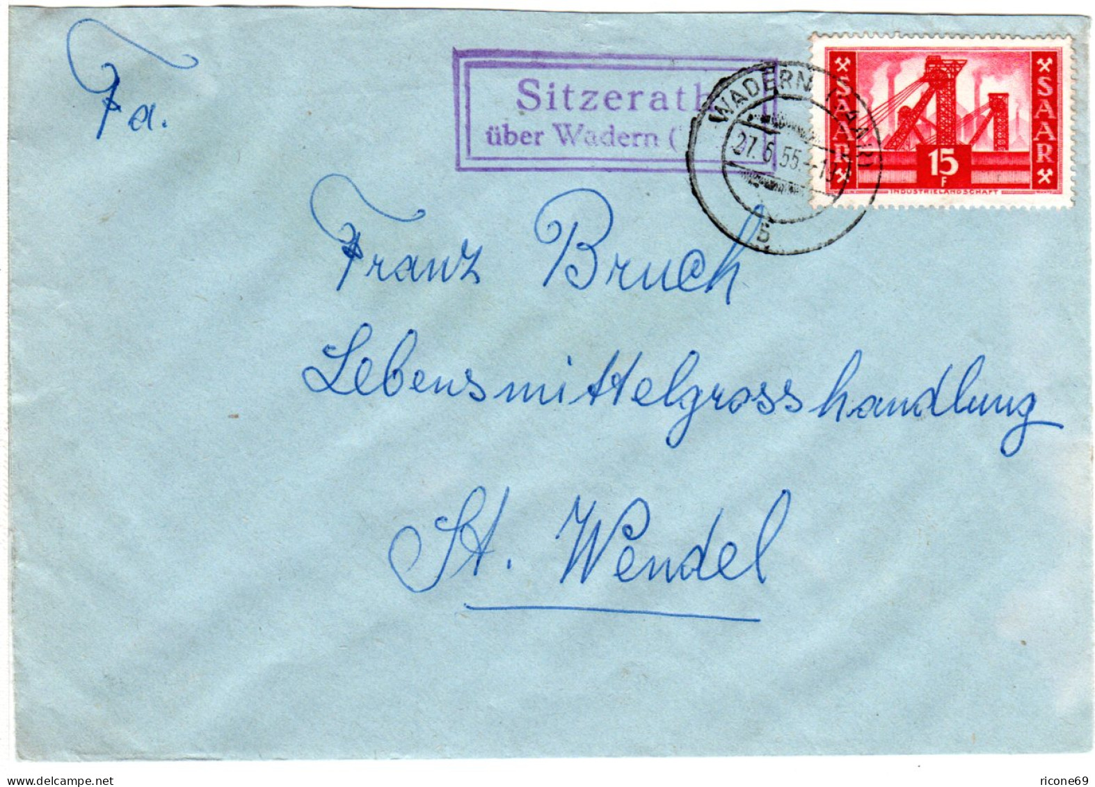 Saarland 1955, Landpost Stpl. SITZERATH über Wadern Auf Brief M. 15 F. - Lettres & Documents