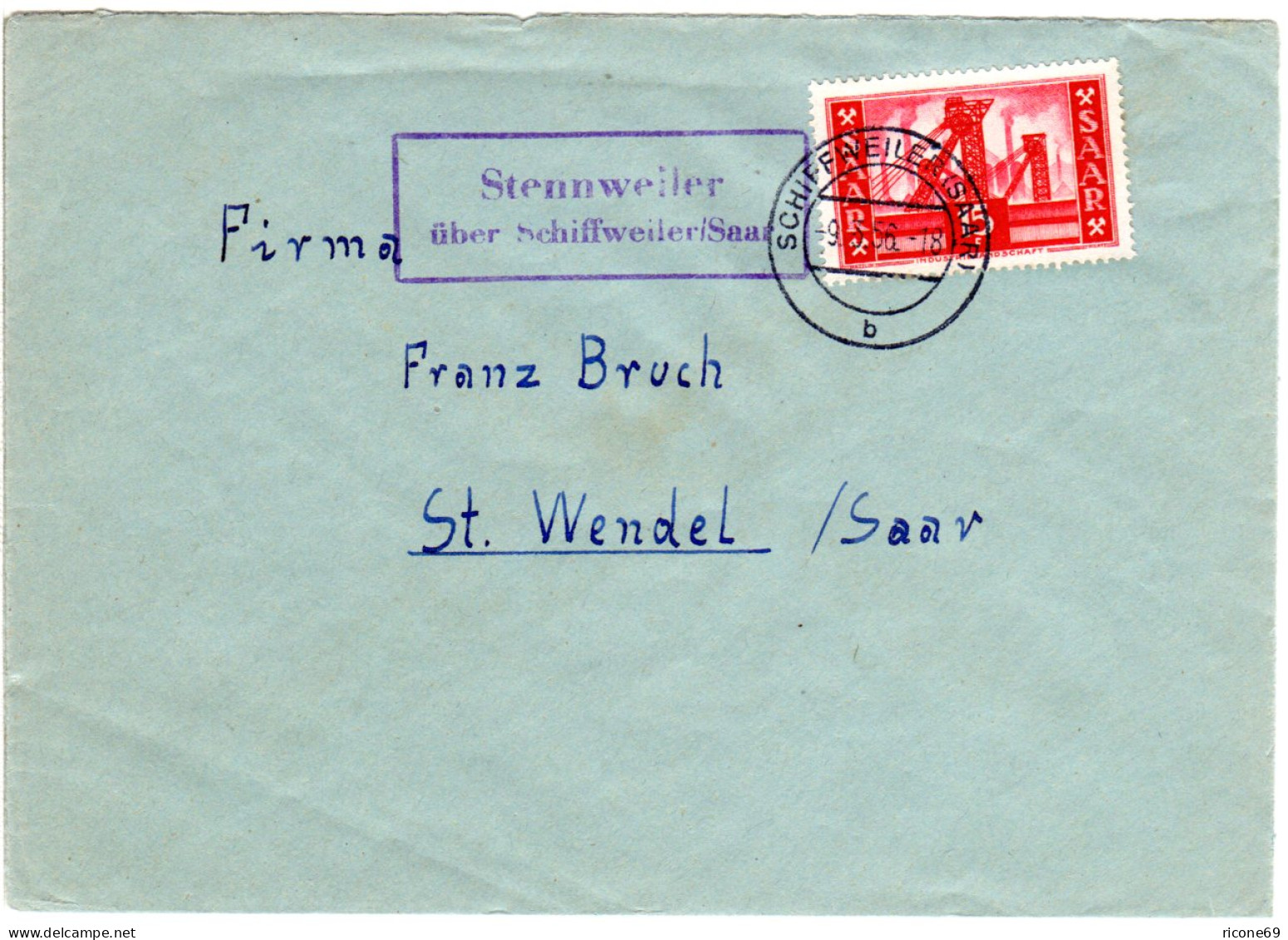 Saarland 1956, Landpost Stpl. STENNWEILER über Schiffweiler Auf Brief M. 15 F. - Briefe U. Dokumente