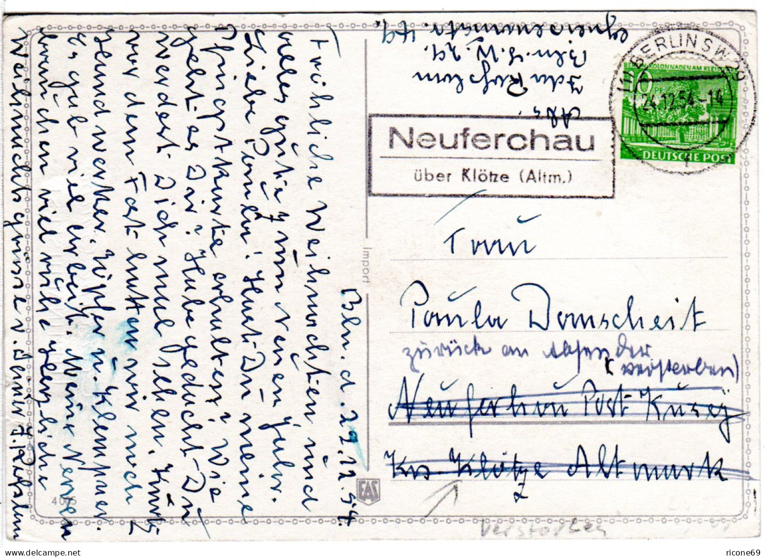 Berlin 1954, Landpost Stpl. NEUFERCHAU über Als Ank.Stpl. Auf Karte M. 10 Pf. - Storia Postale