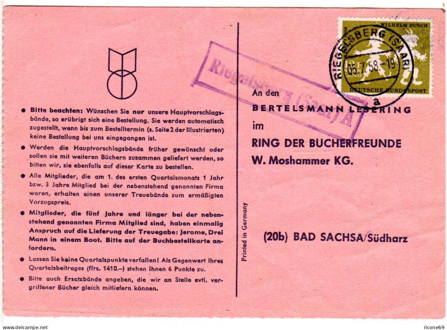 Saarland 1958, Landpost Stpl. RIEGELSBERG (Saar) A Auf Karte M. 12 F. - Altri & Non Classificati