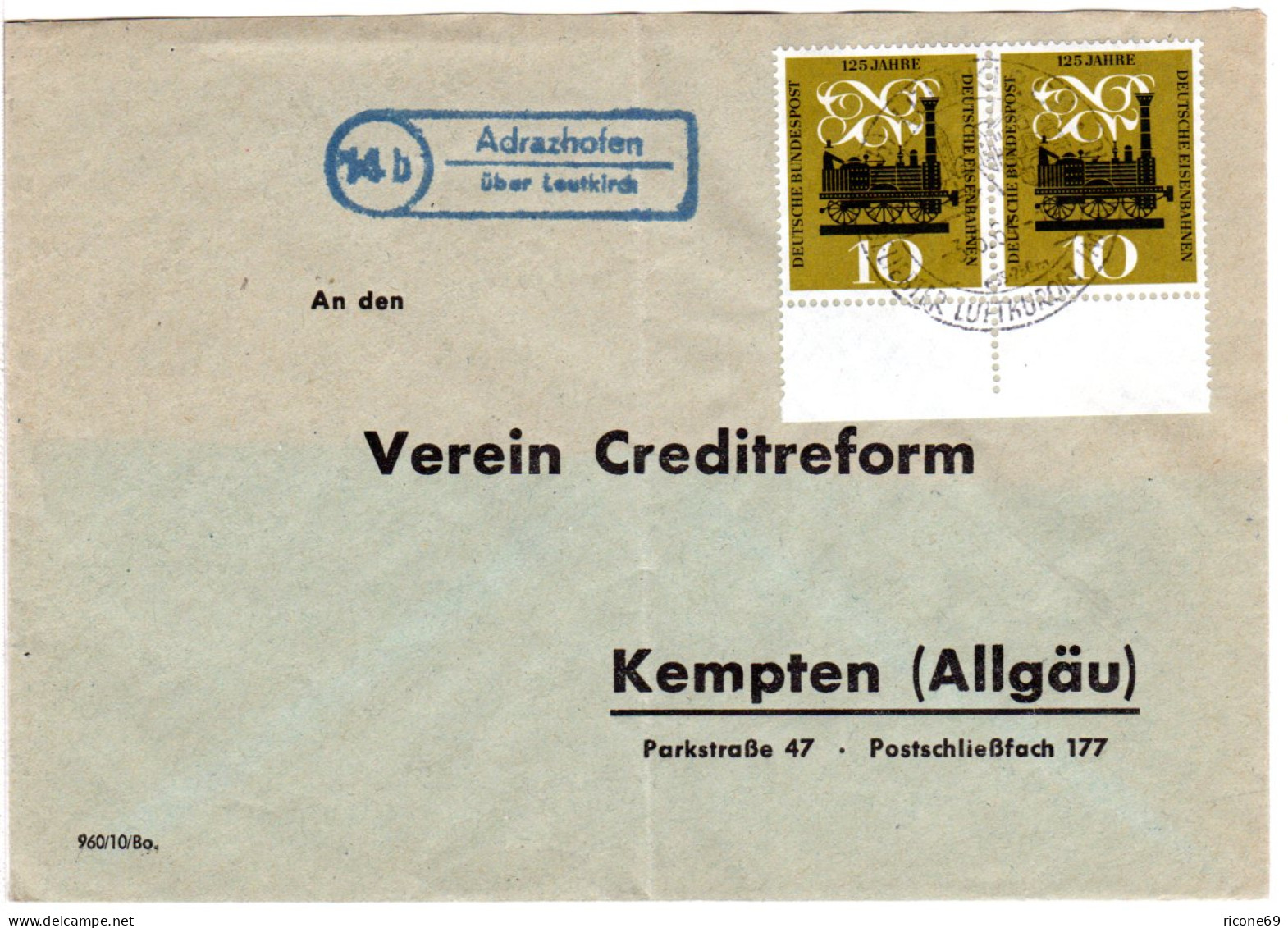 BRD 1961, Landpoststempel 14b ADRAZHOFEN über Leutkirch Auf Brief M. 2x10 Pf.  - Storia Postale