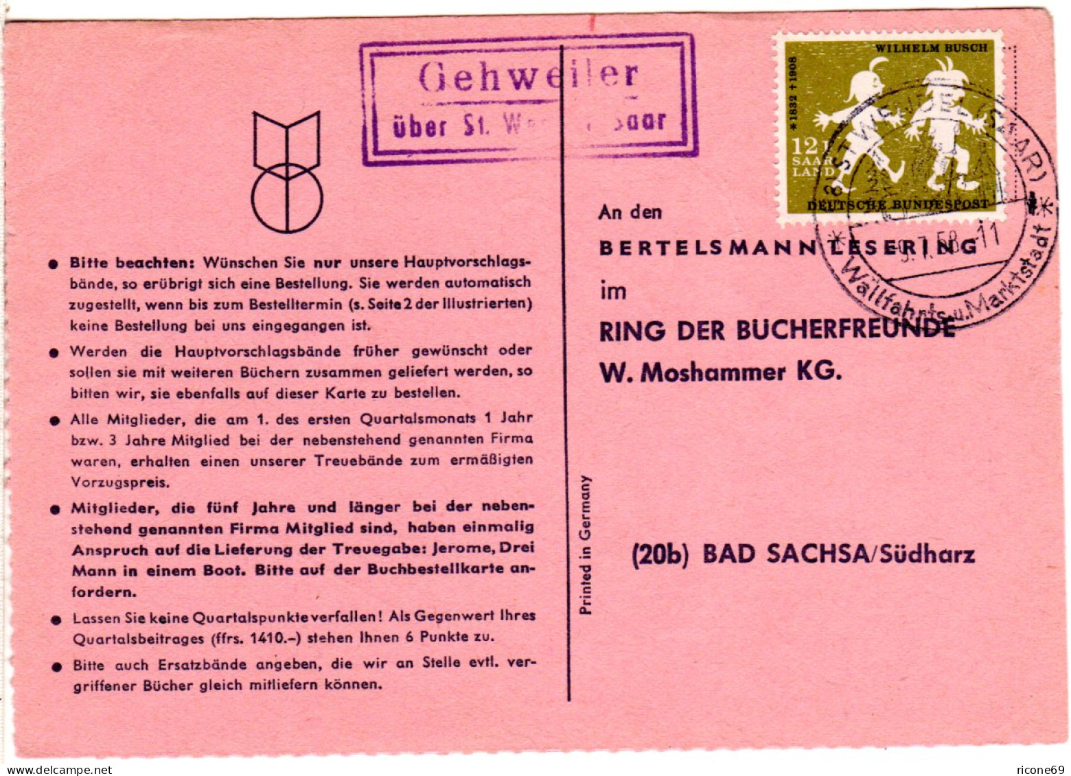 Saarland 1958, Landpost Stpl. GEHWEILER über St. Wendel Auf Karte M. 12 F. - Sonstige & Ohne Zuordnung