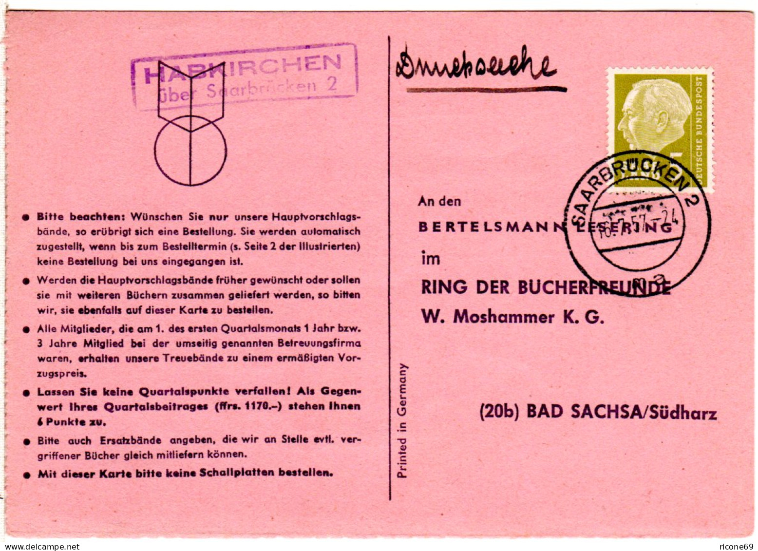 Saarland 1957, Landpost Stpl. HABKIRCHEN über Saarbrücken 2 Auf Karte M. 5 F. - Lettres & Documents