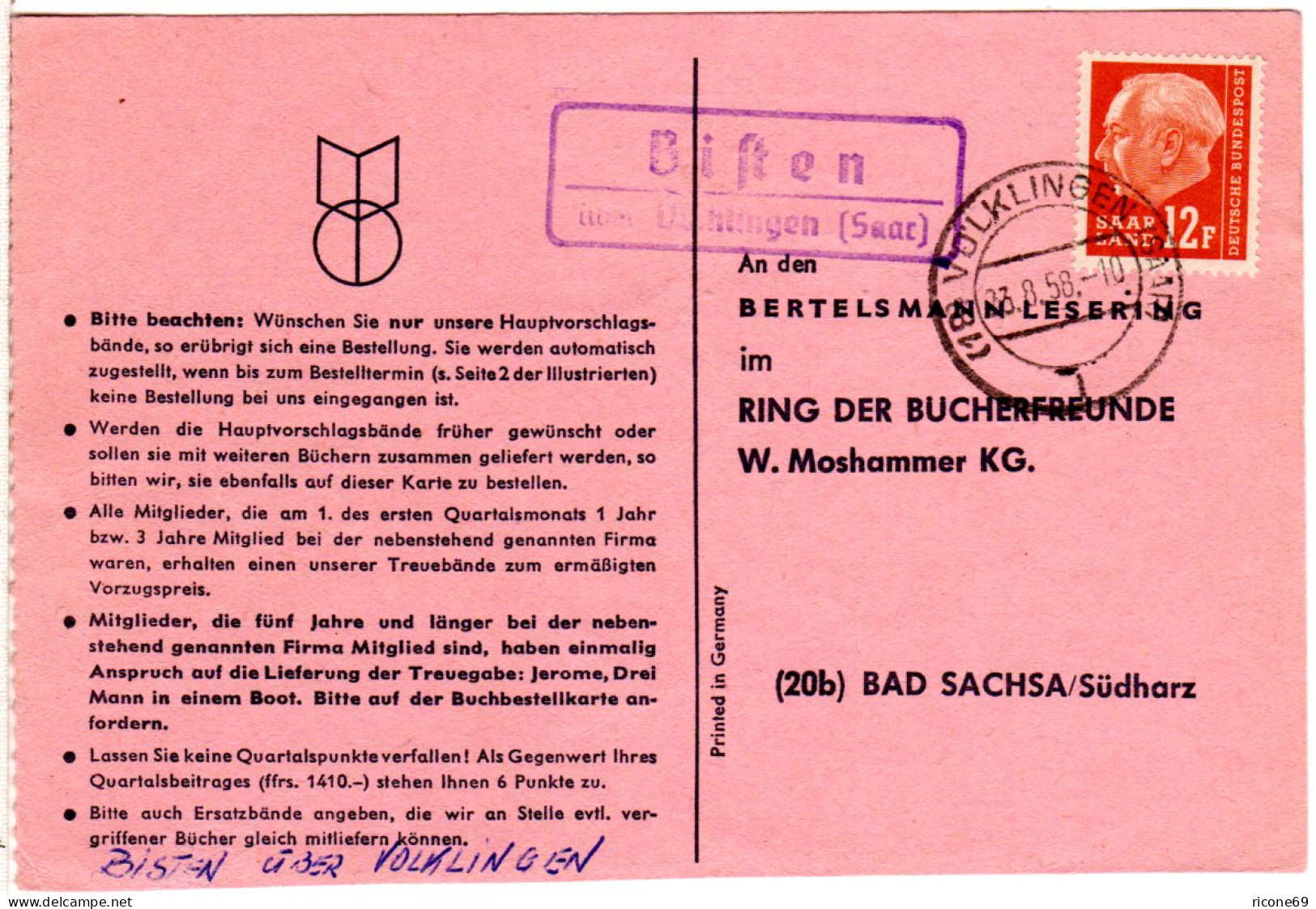 Saarland 1958, Landpost Stpl. BISTEN über Völklingen Auf Karte M. 12 F. - Other & Unclassified