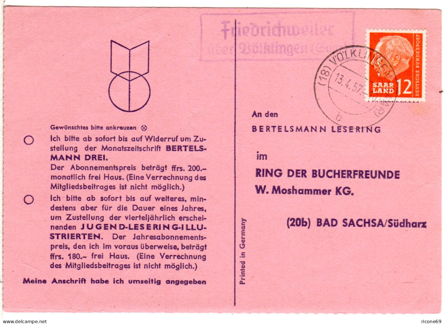 Saarland 1957, Landpost Stpl. FRIEDRICHWEILER über Völklingen Auf Karte M. 12 F. - Altri & Non Classificati