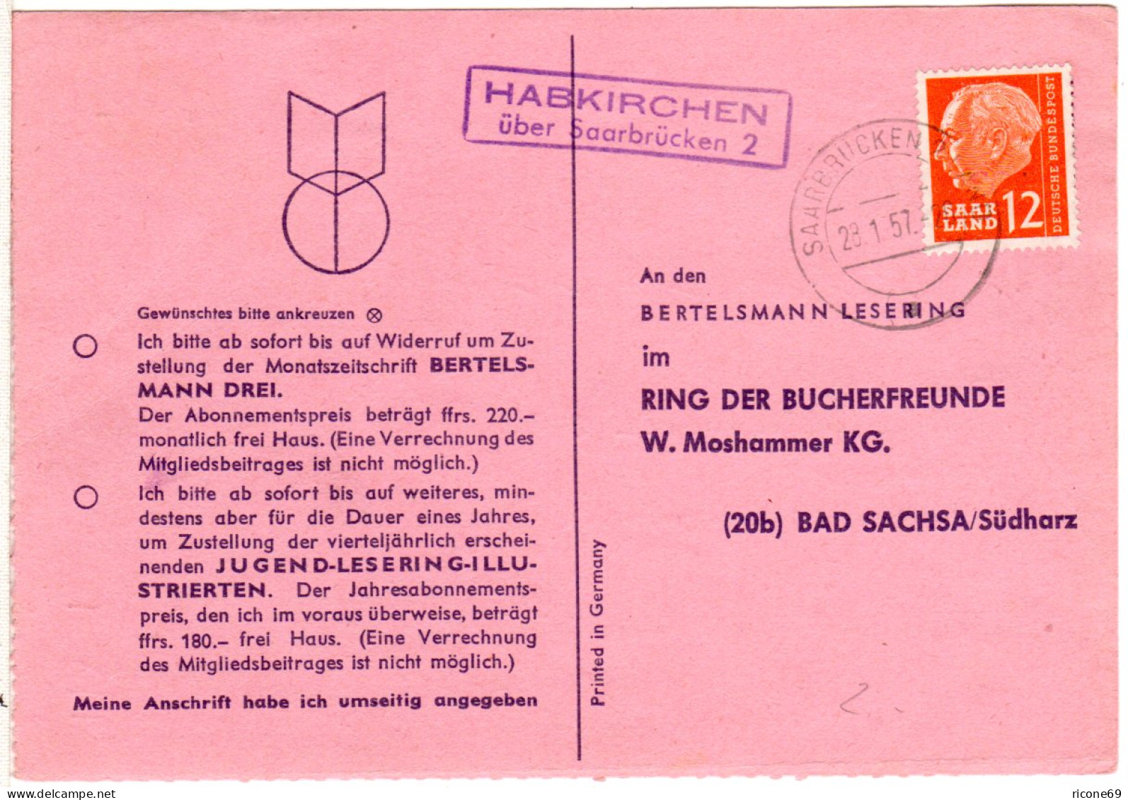 Saarland 1957, Landpost Stpl. HABKIRCHEN über Saarbrücken 2 Auf Karte M. 12 F. - Other & Unclassified