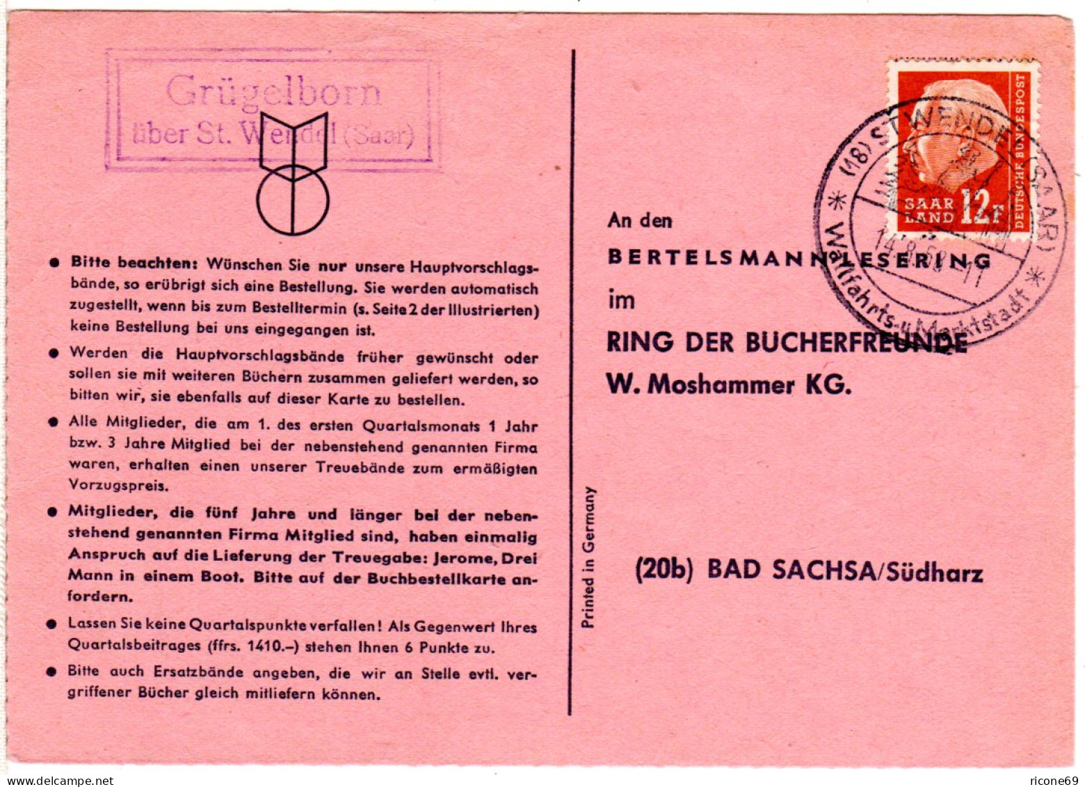 Saarland 1958, Landpost Stpl. GRÜGELBORN über St. Wendel Auf Karte M. 12 F. - Andere & Zonder Classificatie