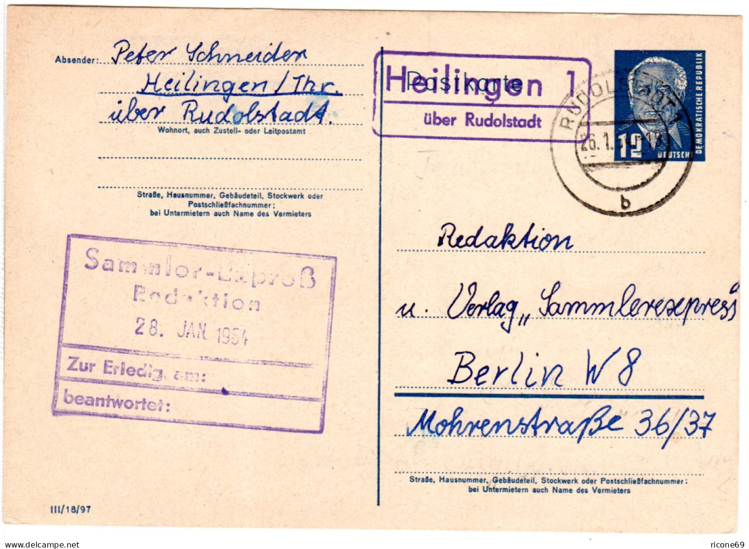 DDR 1954, Landpost Stpl. HEILINGEN 1 über Rudolstadt Auf 12 Pf. Ganzsache  - Lettres & Documents