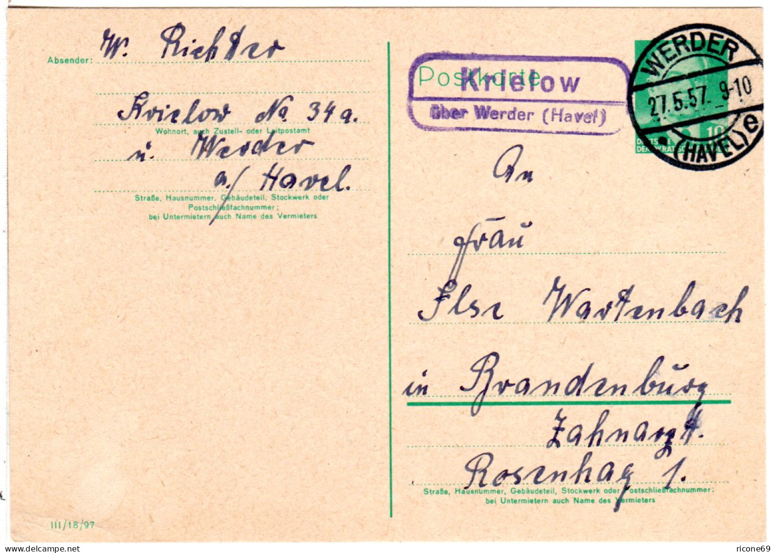 DDR 1957, Landpost Stpl. KRIELOW über Werder Auf 5 Pf. Ganzsache  - Covers & Documents