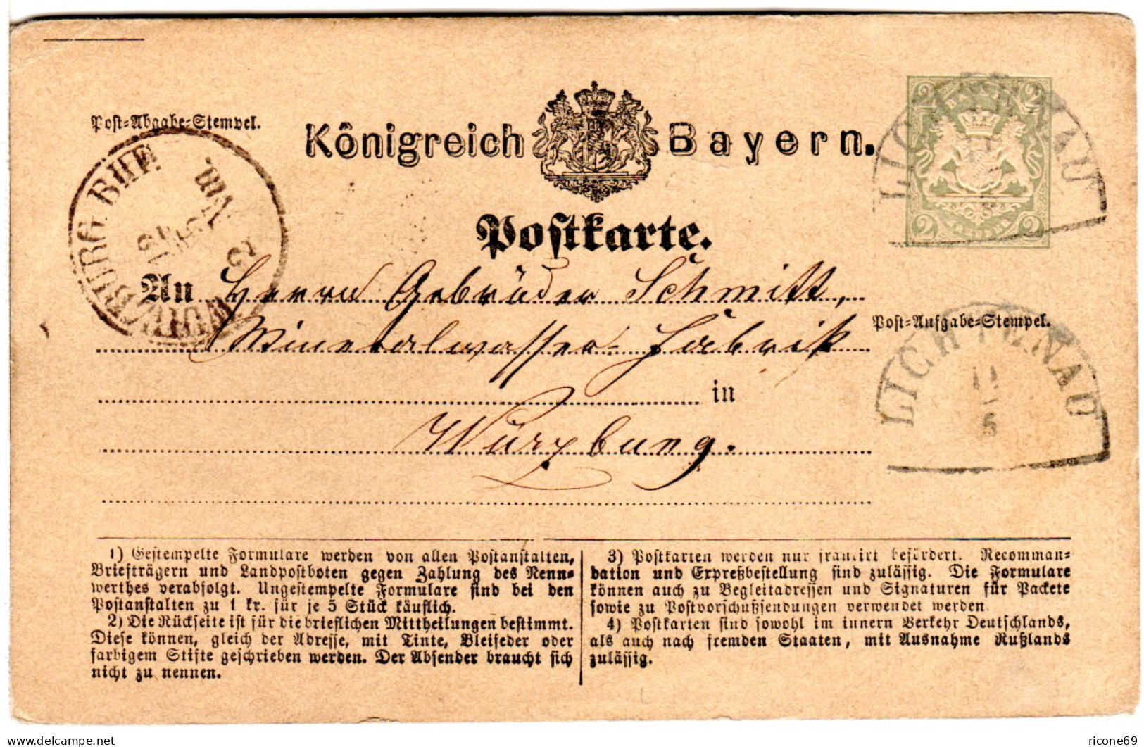 Bayern 1874, HKS LICHTENAU Klar Auf 2 Kr. Ganzsache - Cartas & Documentos